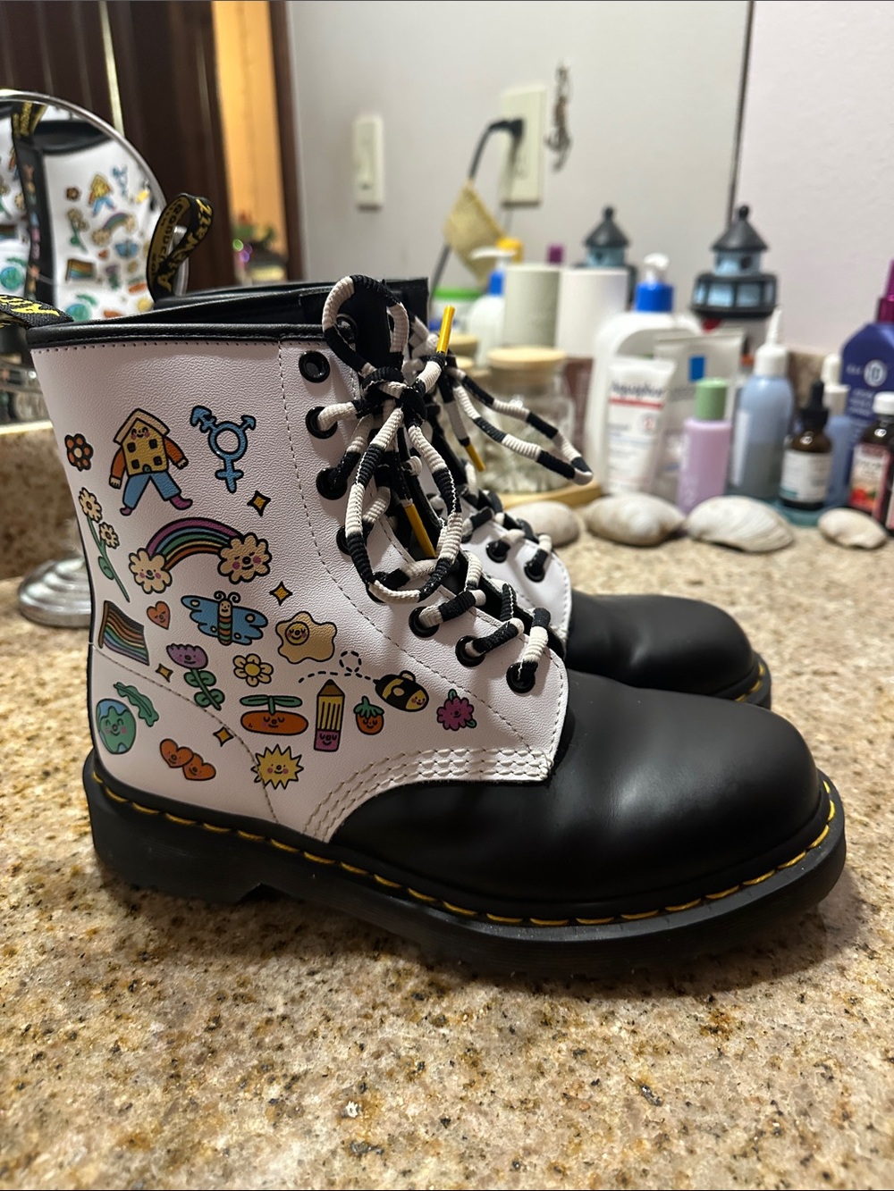 Dr. Martens Black and White Platform Boots with Colorful Cartoon Print